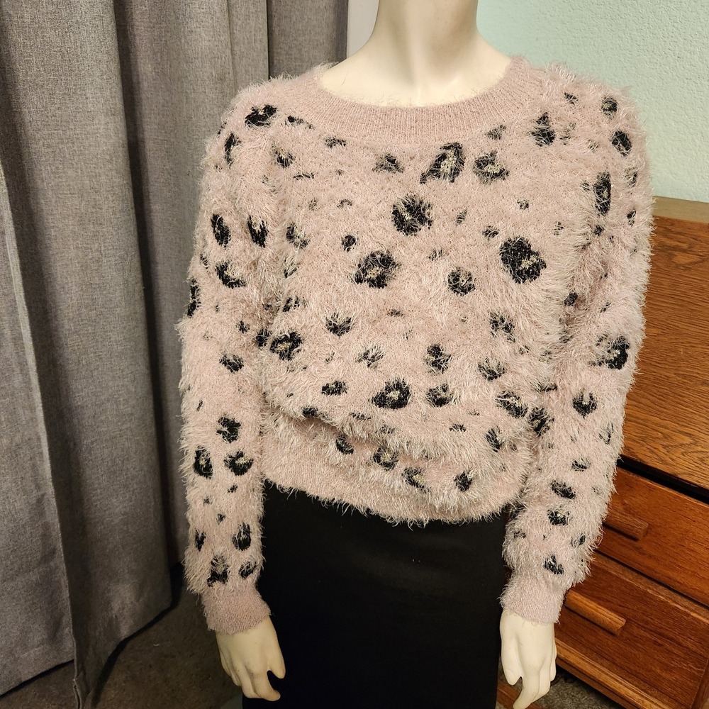 Freshman 1996 Fuzzy Sweater Baby Pink Cheatah Metallic Eyelash Knit Size‎ L